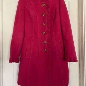 100% Cashmere Wool The Cue Cherqu Women’s Small Pink Button Down Ruffle Peacoat